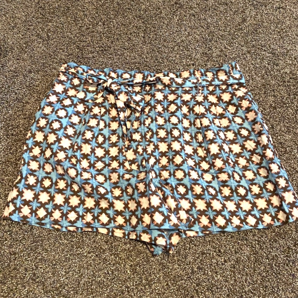 New LOFT Linen Blend Shorts Boho Geometric Tile Print Women XL Blue Brown